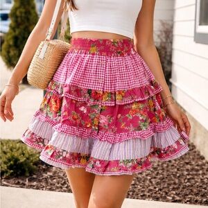 Vintage Copper Key Pink Floral Tiered Mini Skirt Cotton Size Large Unique